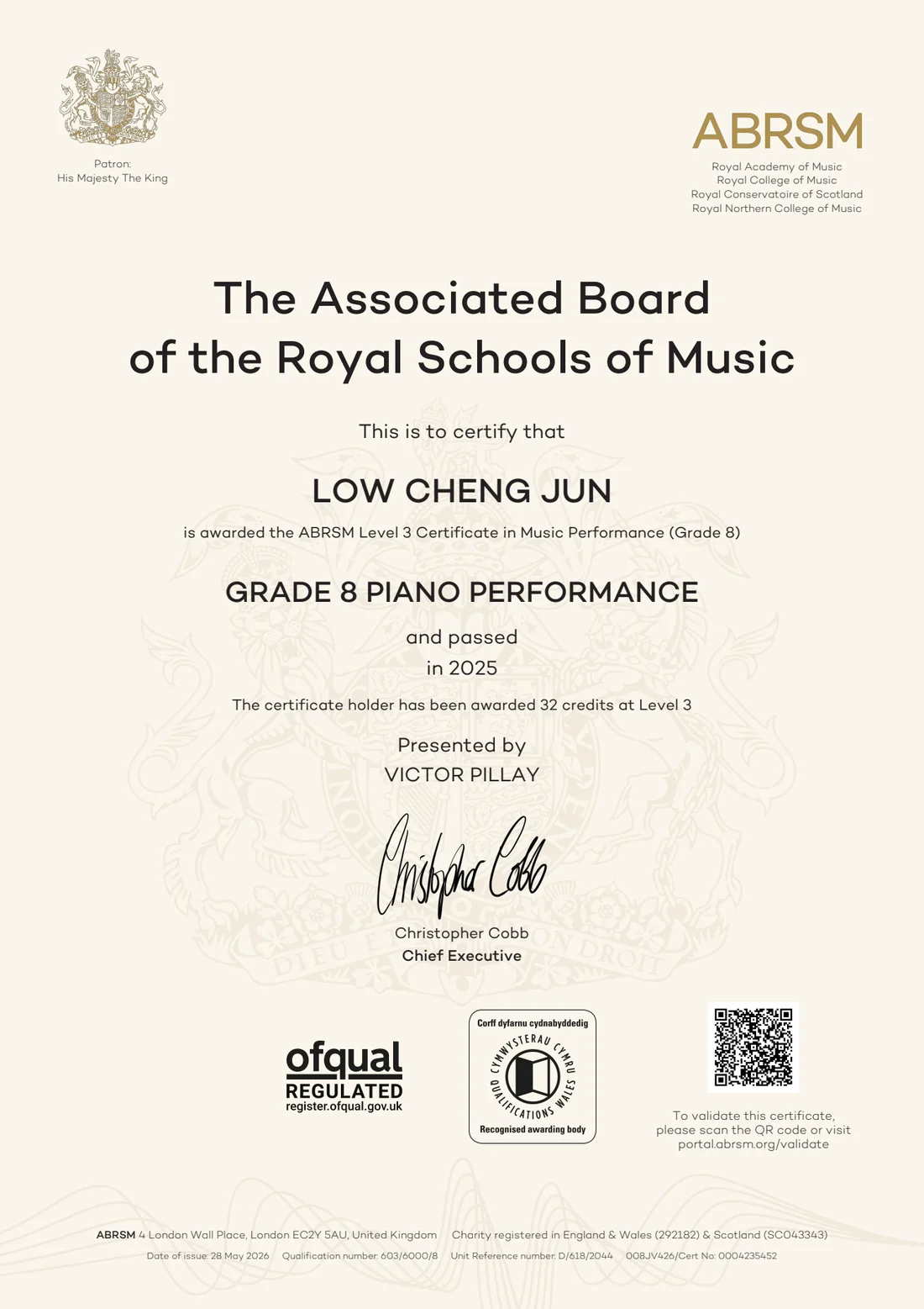 ABRSM Grade 8 Piano Performance certificate awarded to Low Cheng Jun